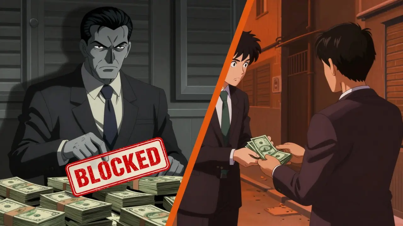 Anime illustration of a blocked bank transaction versus a risky cash exchange in an alley.