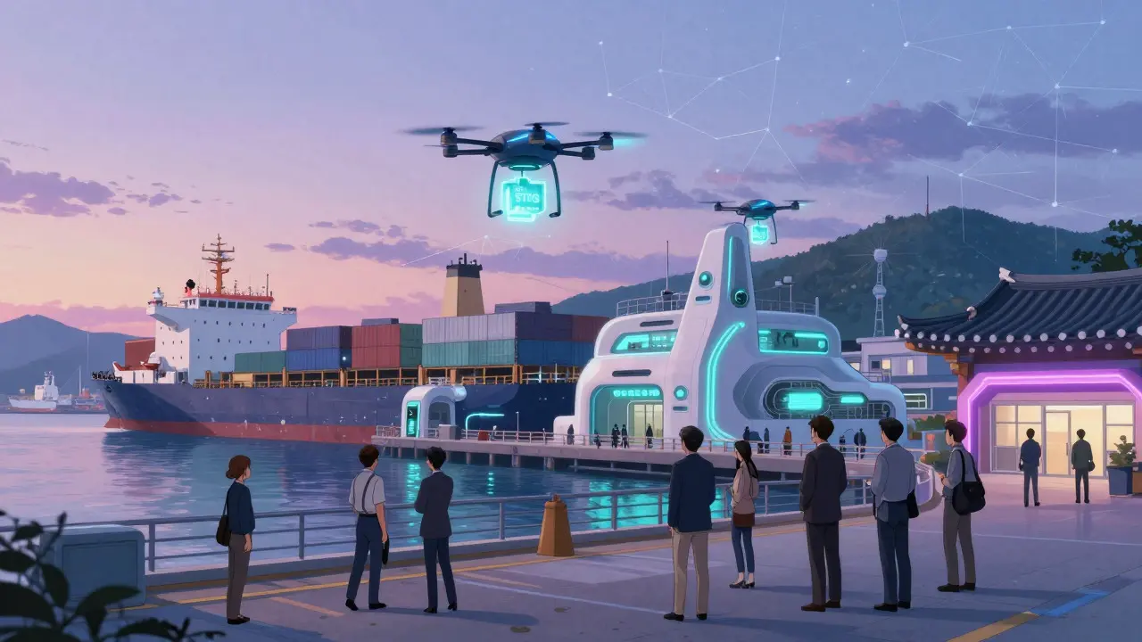 Anime scene of Busan harbor as a hub for security token offerings and foreign investment.