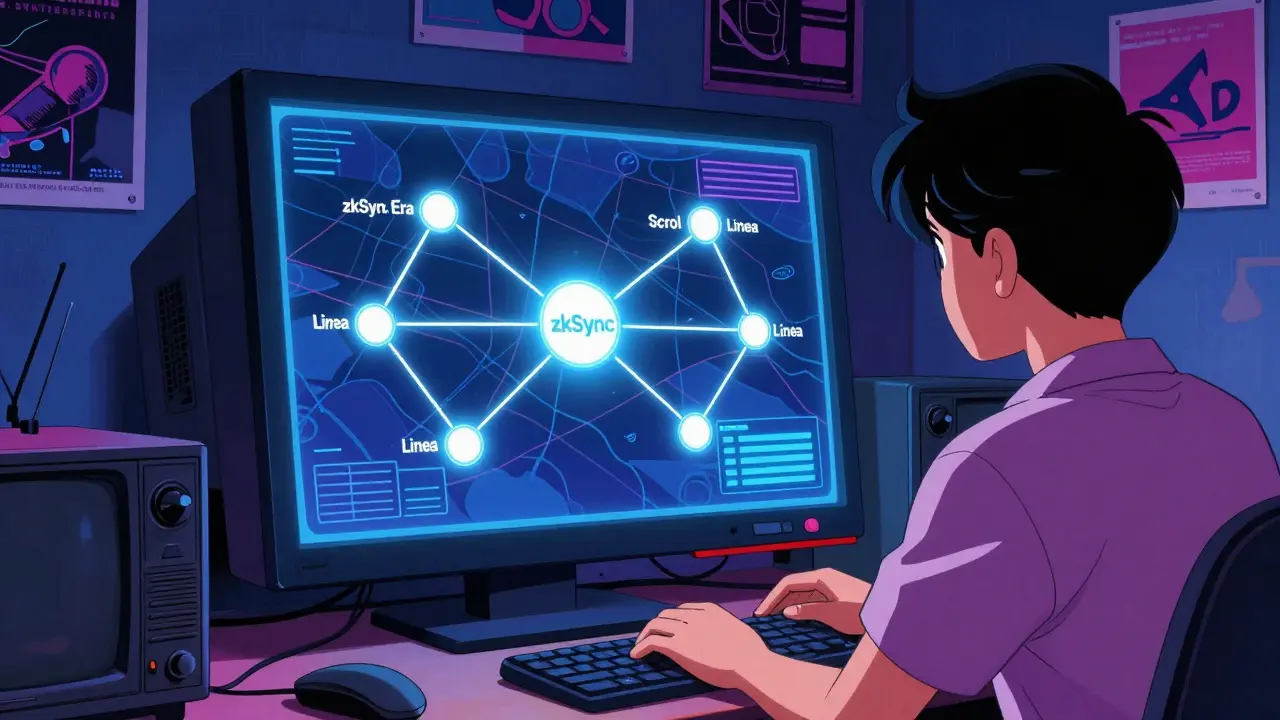Anime trader viewing multi-chain network map on monitor