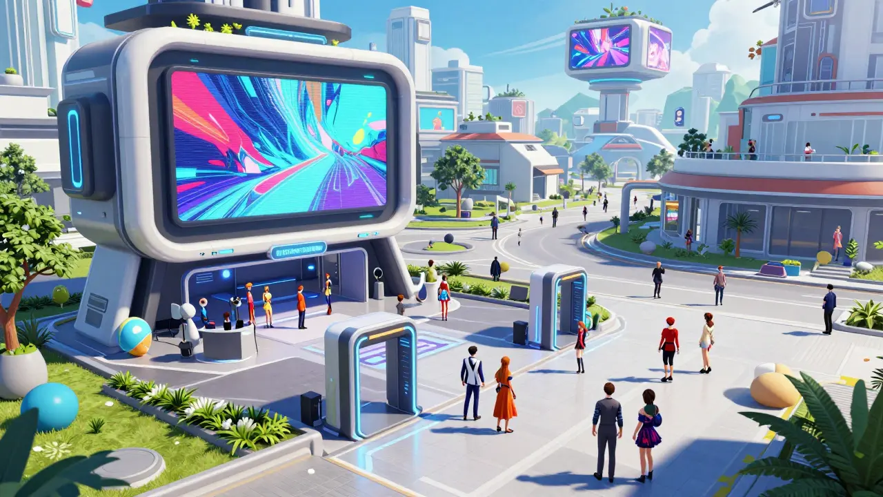 Busy virtual plaza with avatars and branded buildings