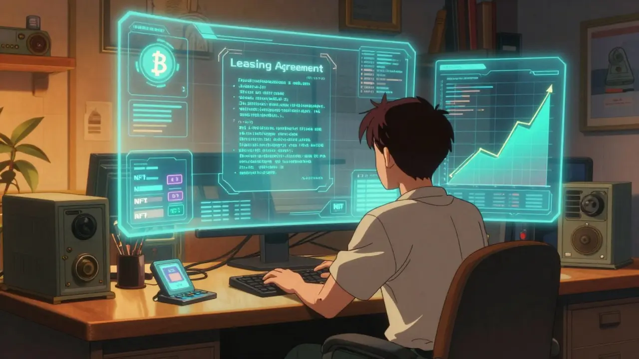 Character managing digital assets on holographic screens
