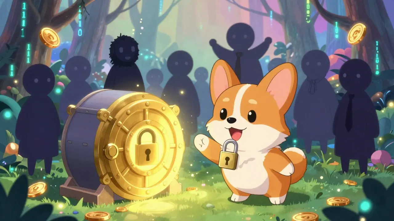 Chibi Corgi holding a key near a glowing vault with community figures