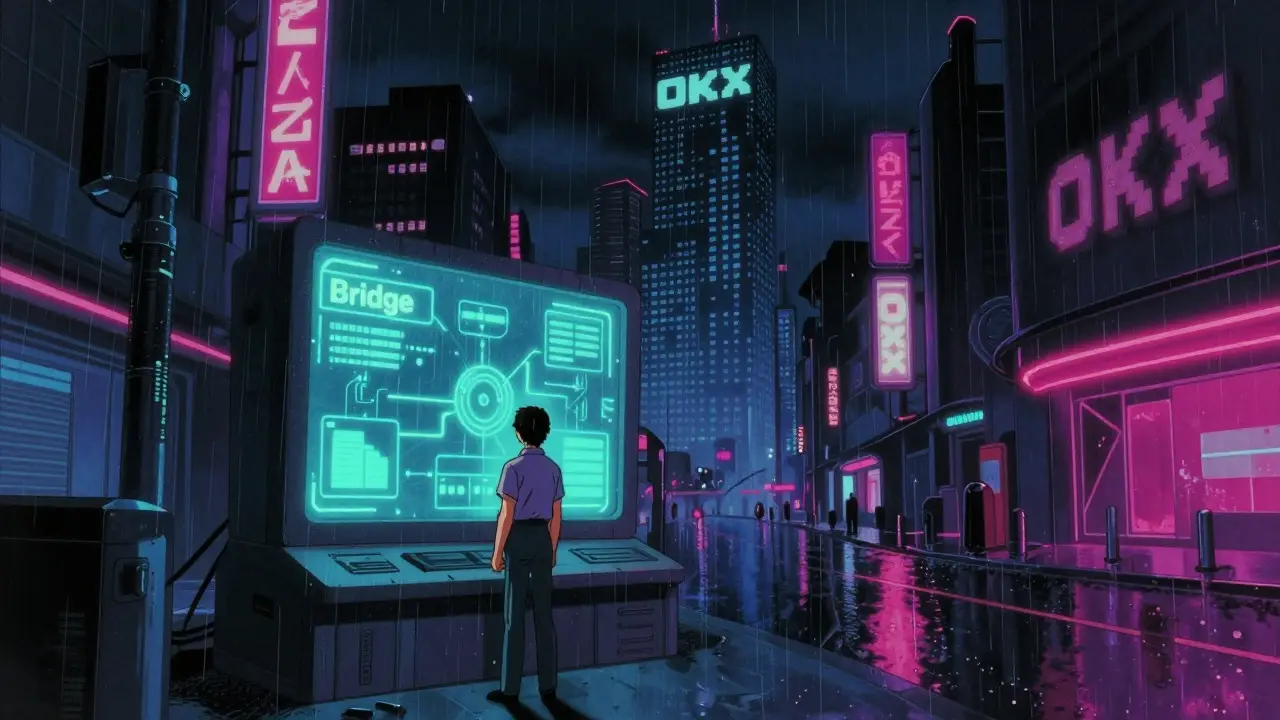Cyberpunk street scene showing asset bridging to OKX Chain tower