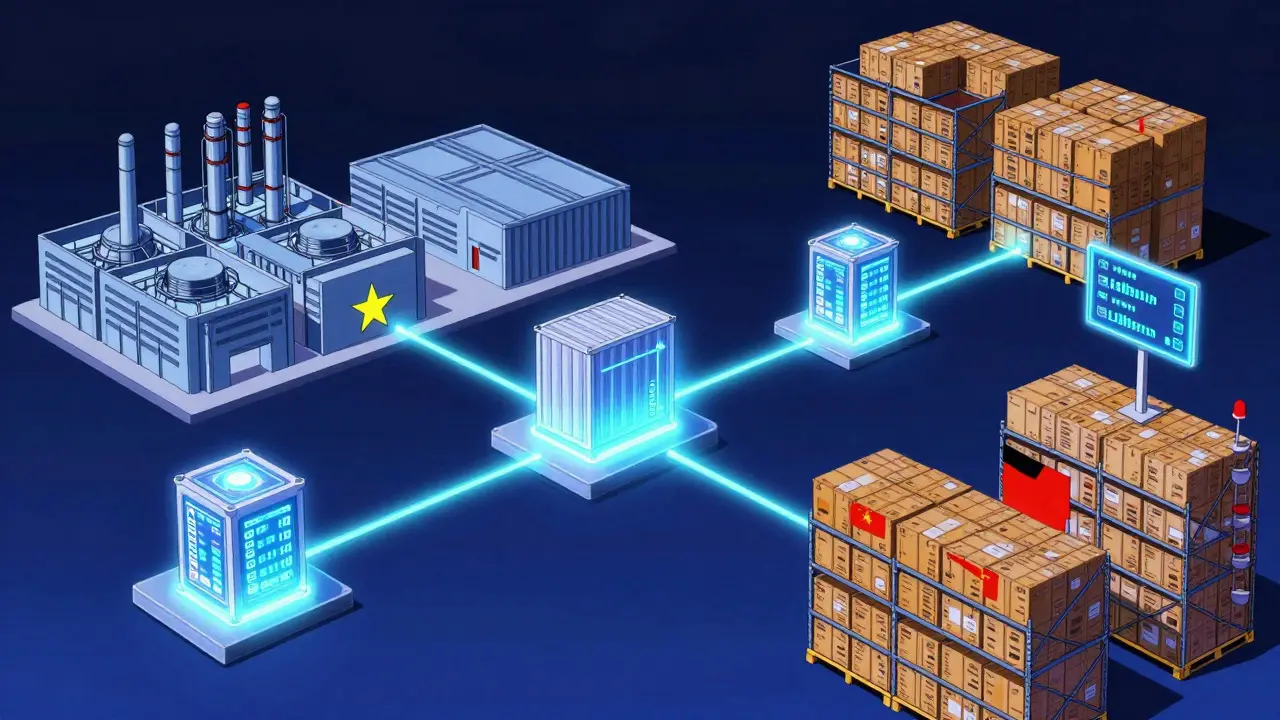 Digital blockchain ledger connecting global supply chain nodes with IoT sensors in retro anime style.