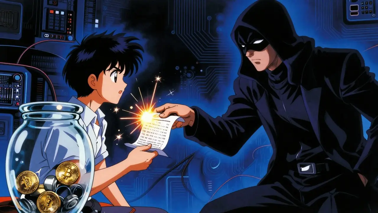 Hacker trying to steal from a crypto wallet in retro anime