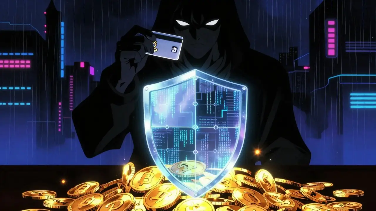 Holographic shield protecting crypto coins in cyberpunk style