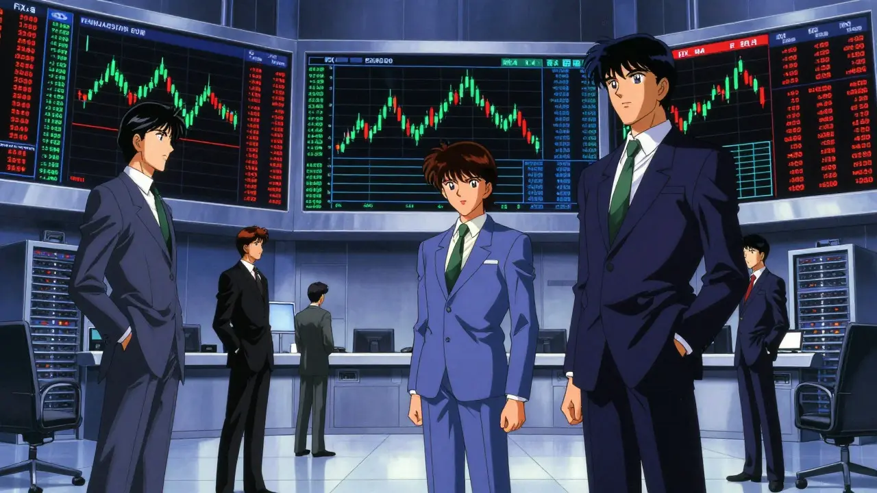 Intimidating institutional trading floor in retro anime style