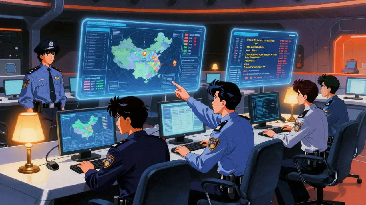 Law enforcement team monitoring crypto sanctions evasion in a retro anime command center.
