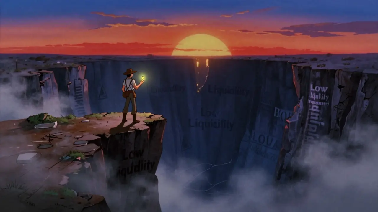 Lone figure standing on a cliff edge over a dark, risky abyss