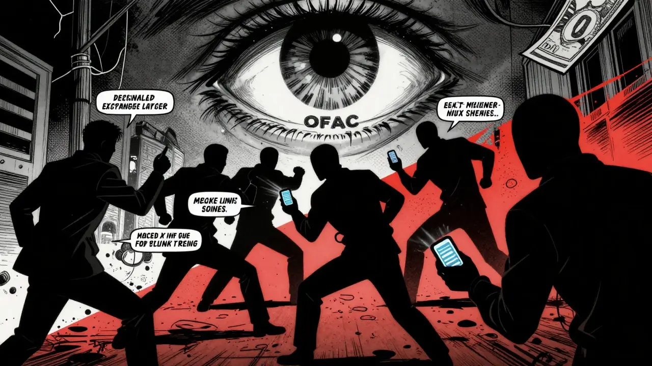 Manga scene of criminals evading sanctions under OFAC surveillance