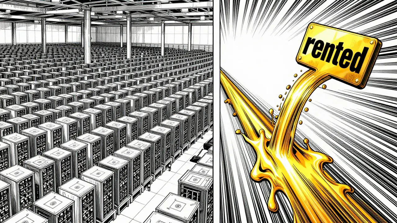 Manga split view of massive mining farm vs rented hashrate costs