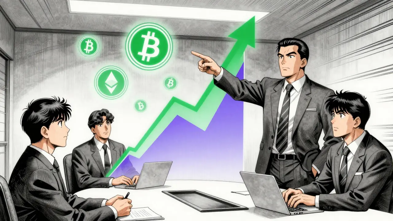 Manga-style corporate meeting discussing institutional crypto ETFs and treasury strategies.