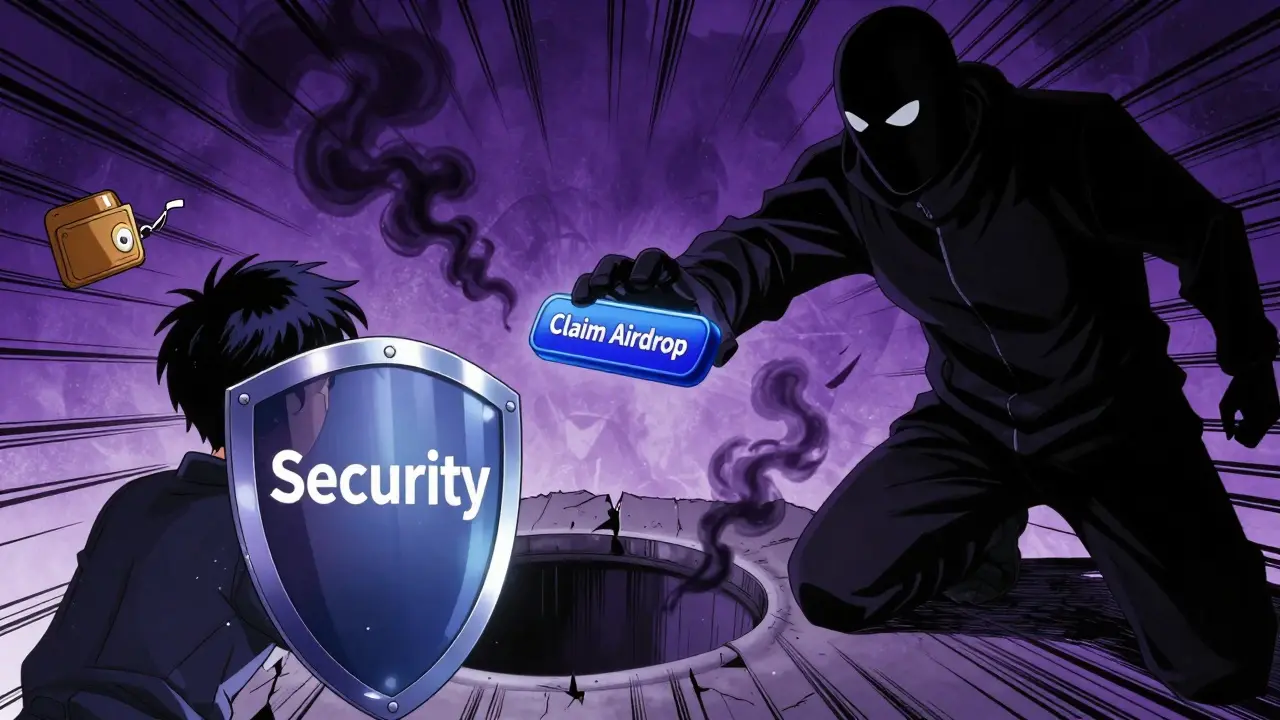Manga style illustration of a user blocking a scammer's trap with a security shield