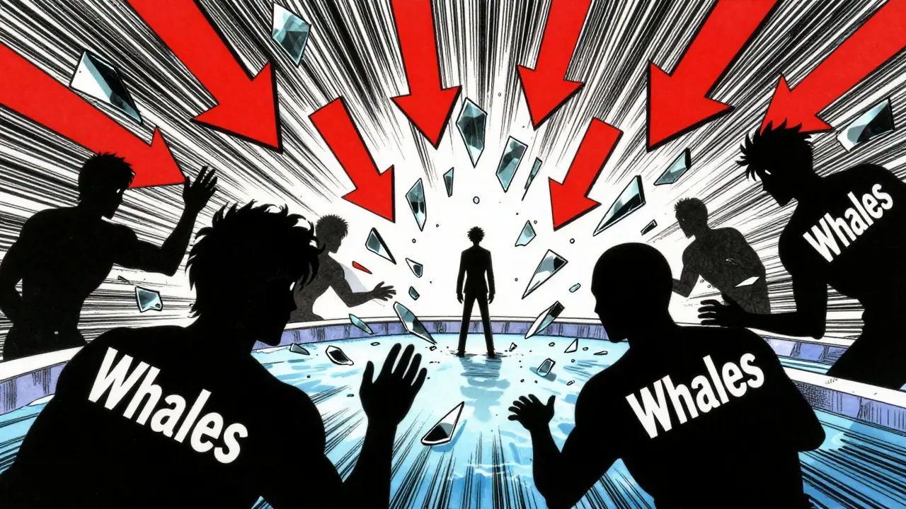 Manga style scene showing financial chaos and whale manipulation