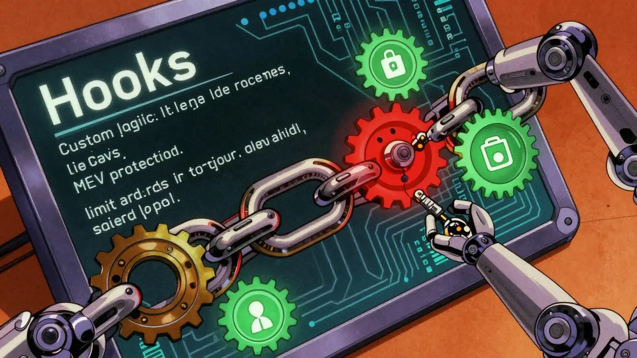 Mechanical gears attaching to blockchain links symbolizing smart contract hooks