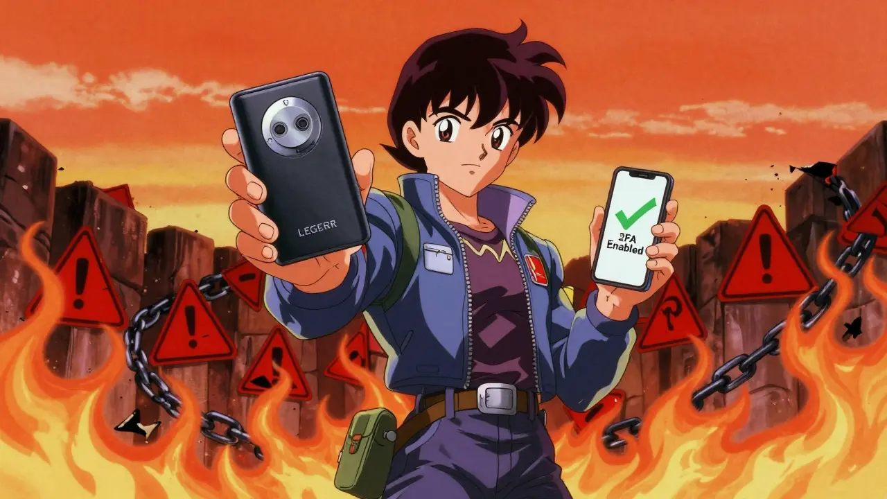Person holding a hardware wallet and phone, protected by a firewall against scam threats.