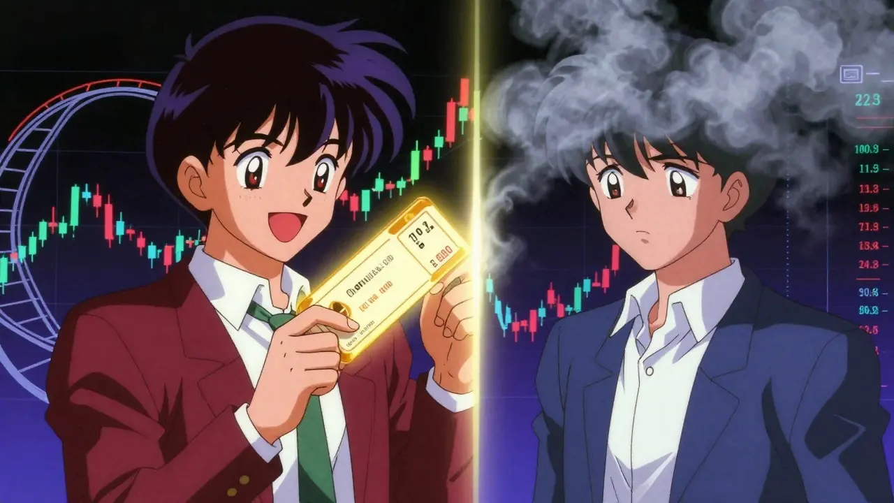Retro anime character experiencing volatile crypto price swings