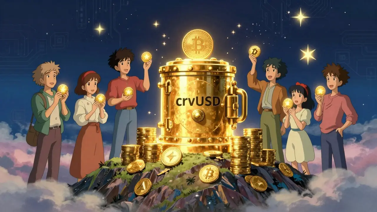 Retro anime scene of crvUSD vault backed by crypto assets and CRV holders