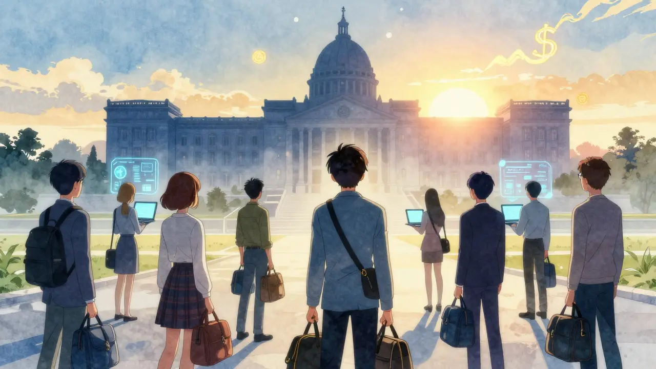 Retro anime scene of tech workers leaving Tunisia as parliament considers crypto laws.