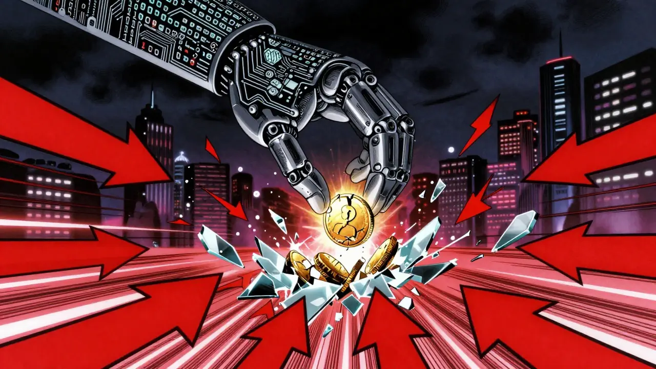 Robotic hand crushing a coin symbolizing forced liquidation