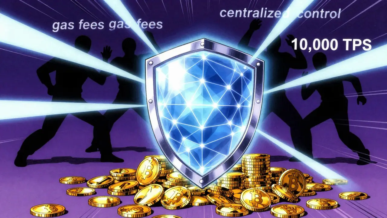Shield of zero-knowledge proofs protecting crypto assets from gas fees and risks.