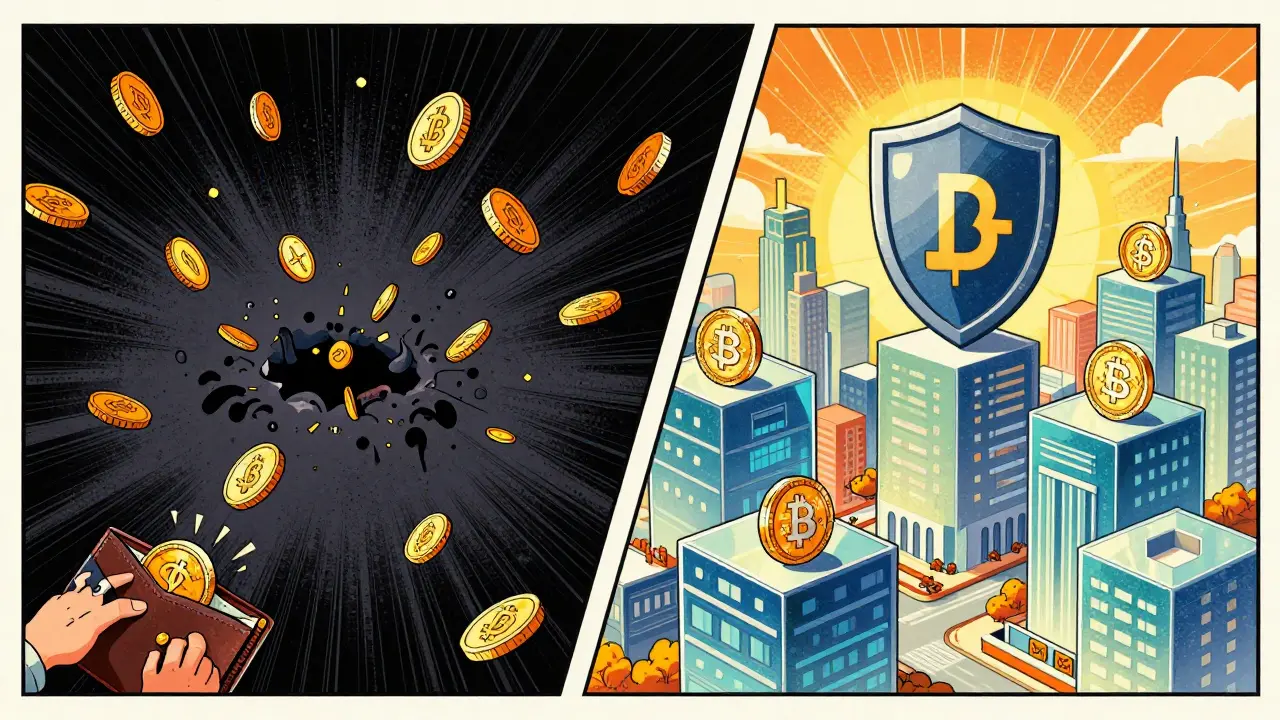 Split scene contrasting a dark void sucking money away with a bright, secure financial city.