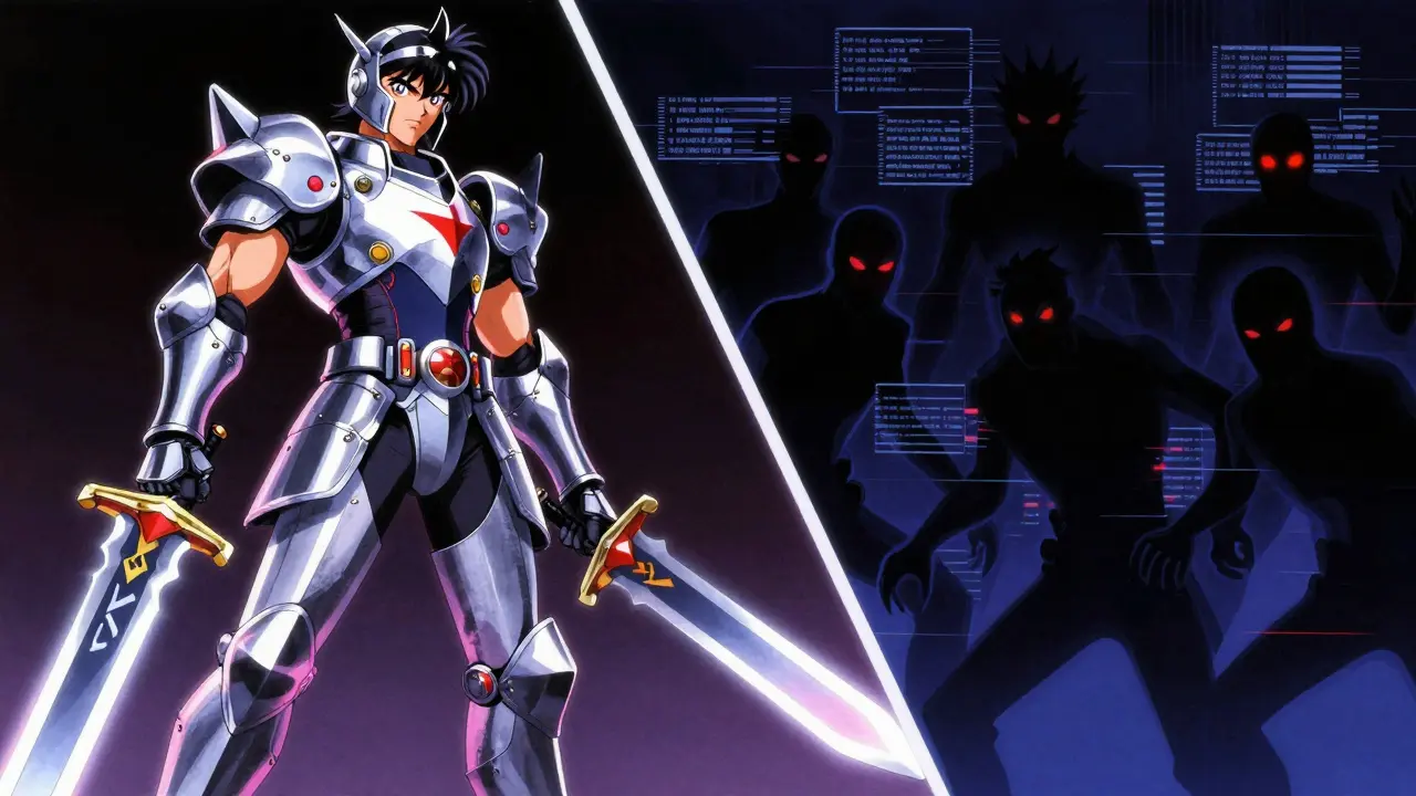 Split scene showing a heroic knight versus shadowy scam figures in retro anime style