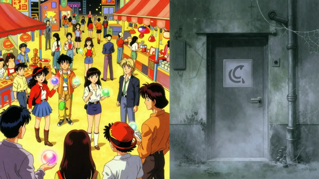 Split screen showing busy crypto market vs silent empty alley in anime