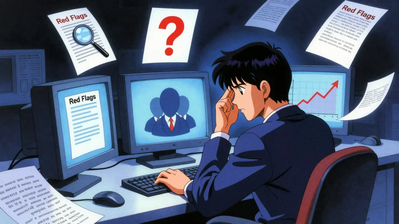 Stressed investor analyzing red flags and warning signs on computer screens