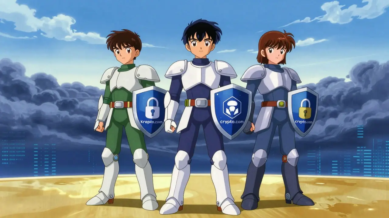Three heroic anime characters representing safe exchanges standing on a golden platform