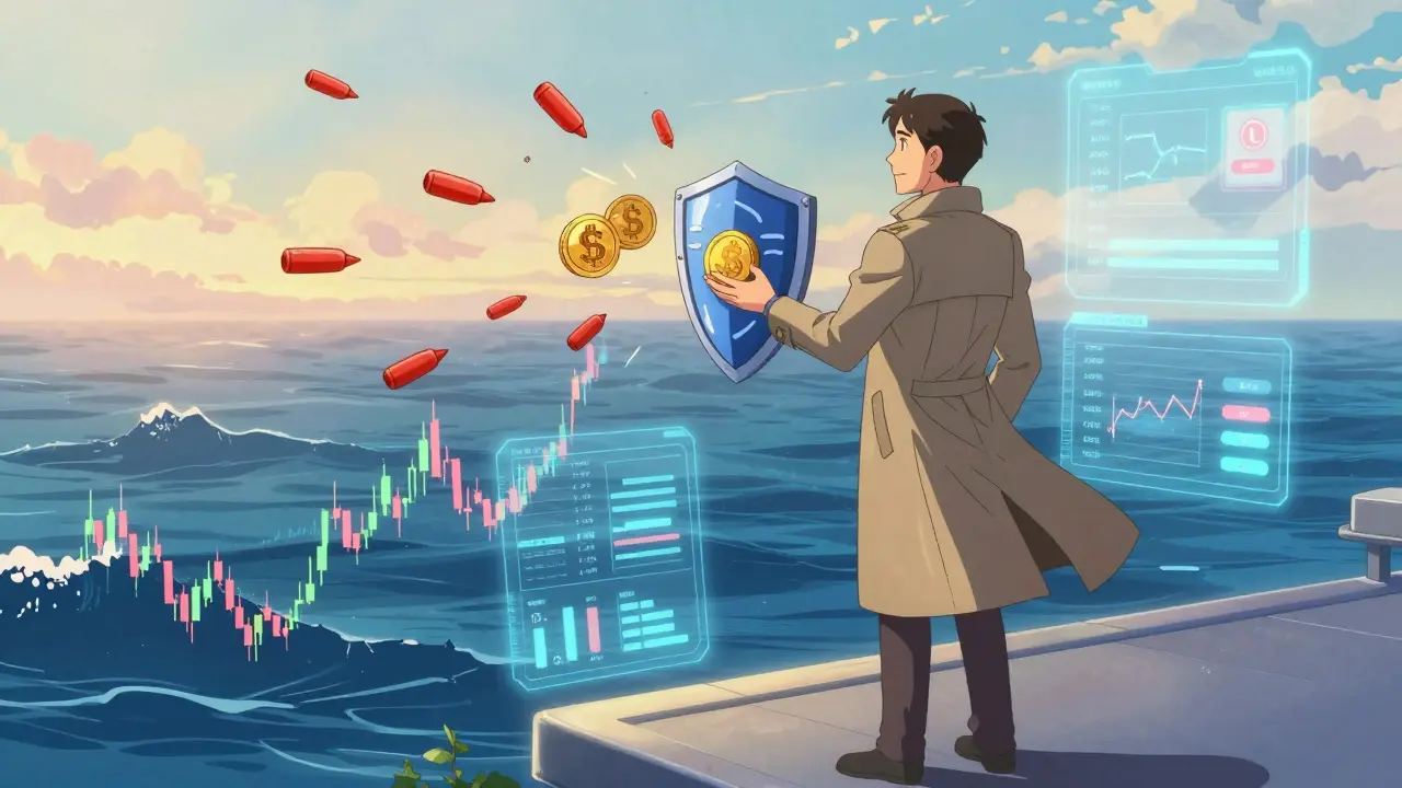 Trader using shield against volatility waves in calm strategy