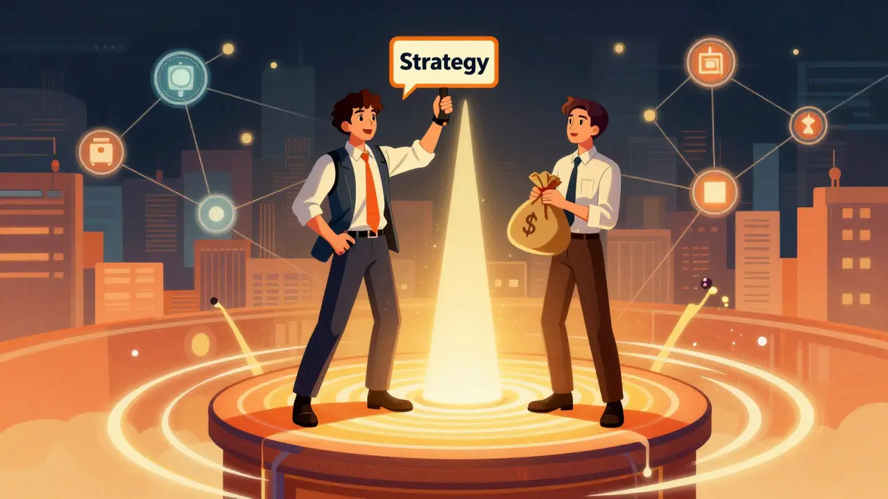 Two characters collaborating on a trading vault with multichain data streams.
