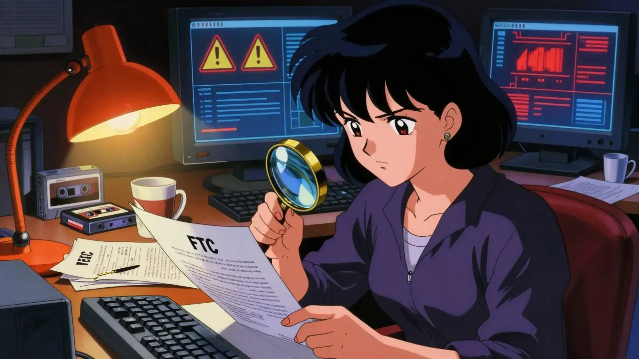Woman investigating legal documents and warning signs on monitors in retro anime