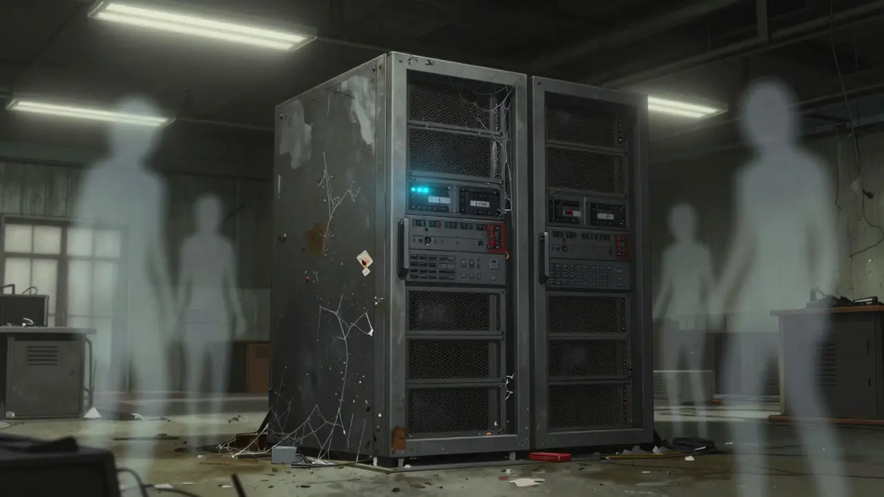 Abandoned server with faint light in dusty warehouse