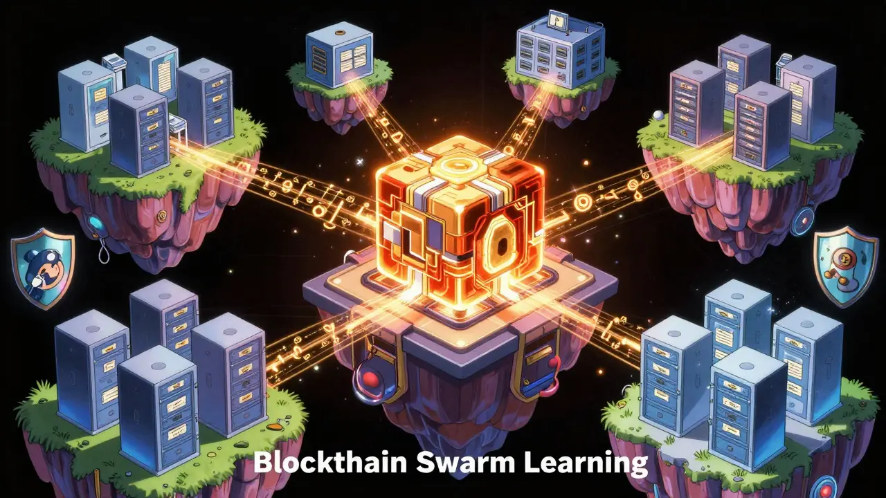 Abstract visualization of decentralized AI learning across hospital nodes in retro anime.