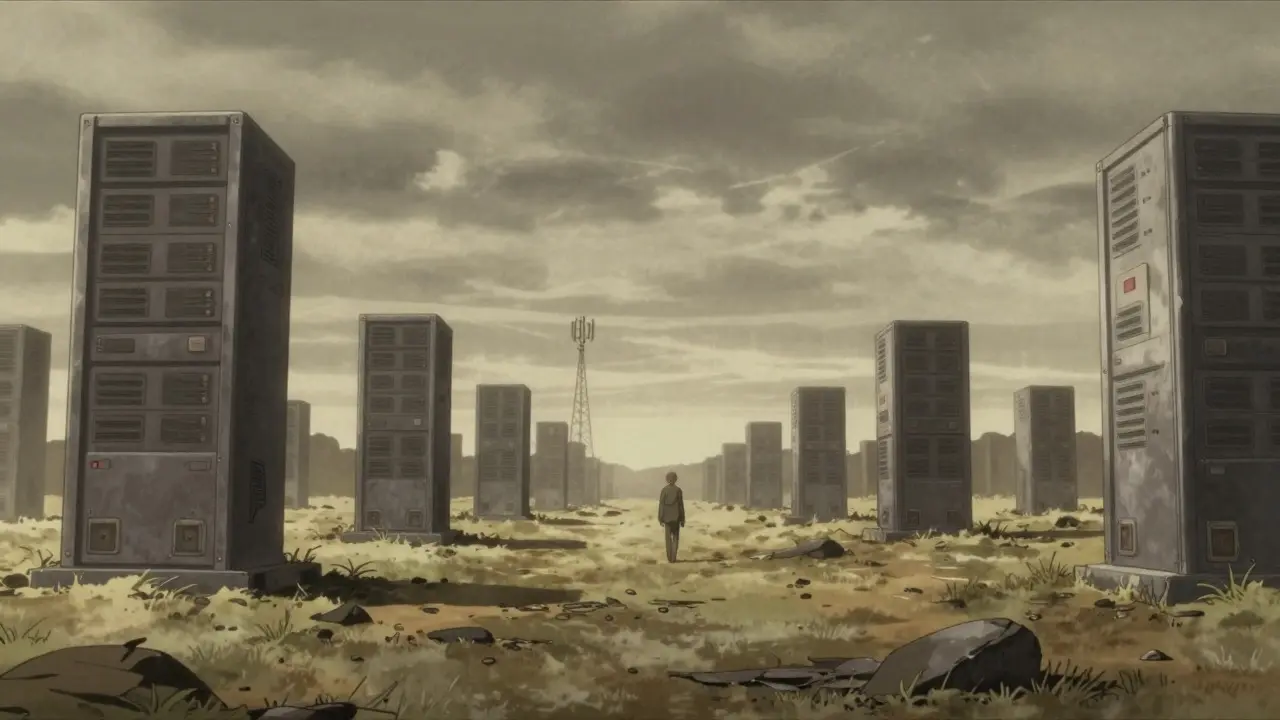 An abandoned digital landscape with dormant servers, representing the inactive state of the crypto project.
