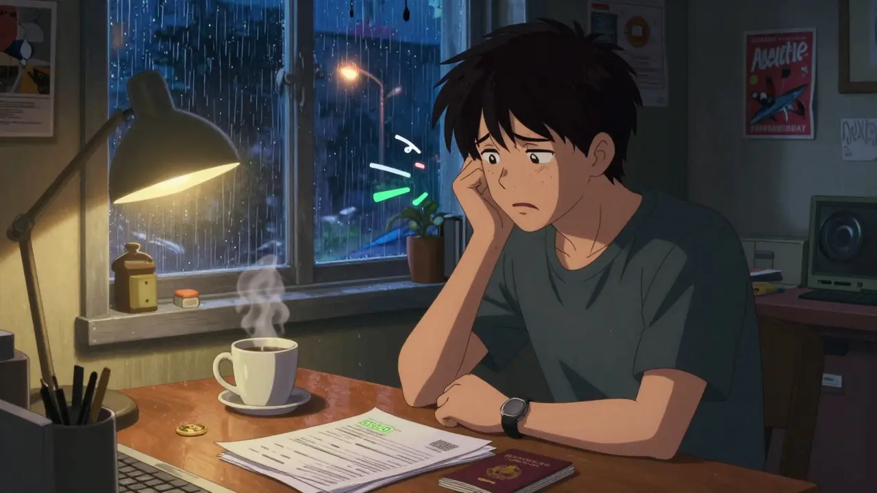 Anime character completing ID verification at a desk in a rainy apartment