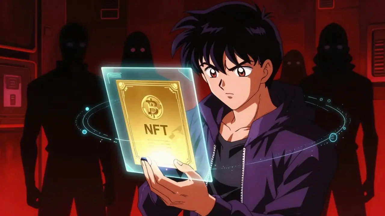 Anime character examining a glowing NFT certificate amidst shadowy threats