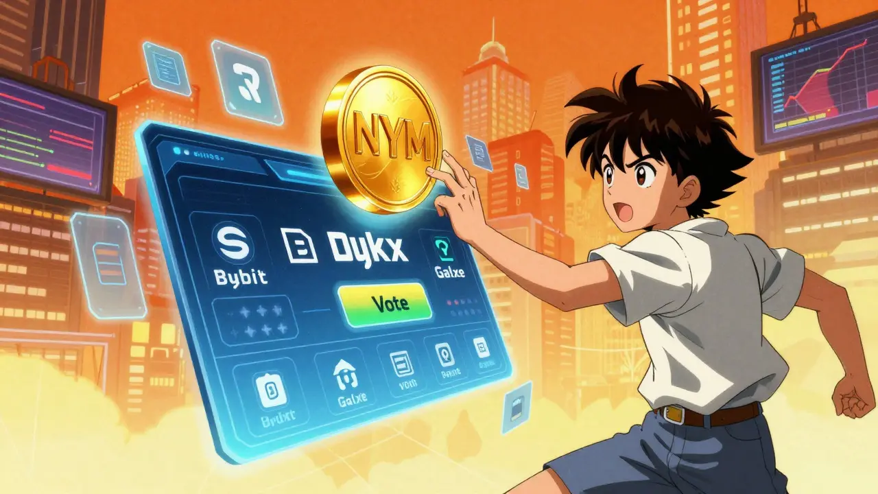 Anime character interacting with holographic crypto exchange interfaces and tokens