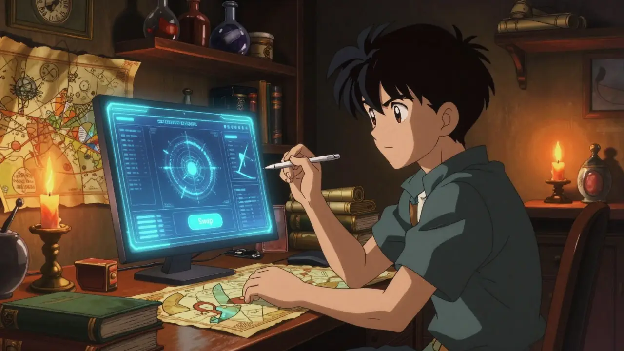 Anime character researching crypto swap on holographic screen