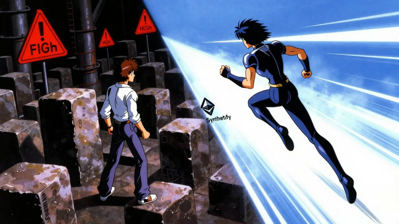 Anime comparison of slow Ethereum vs fast Solana blockchain speeds