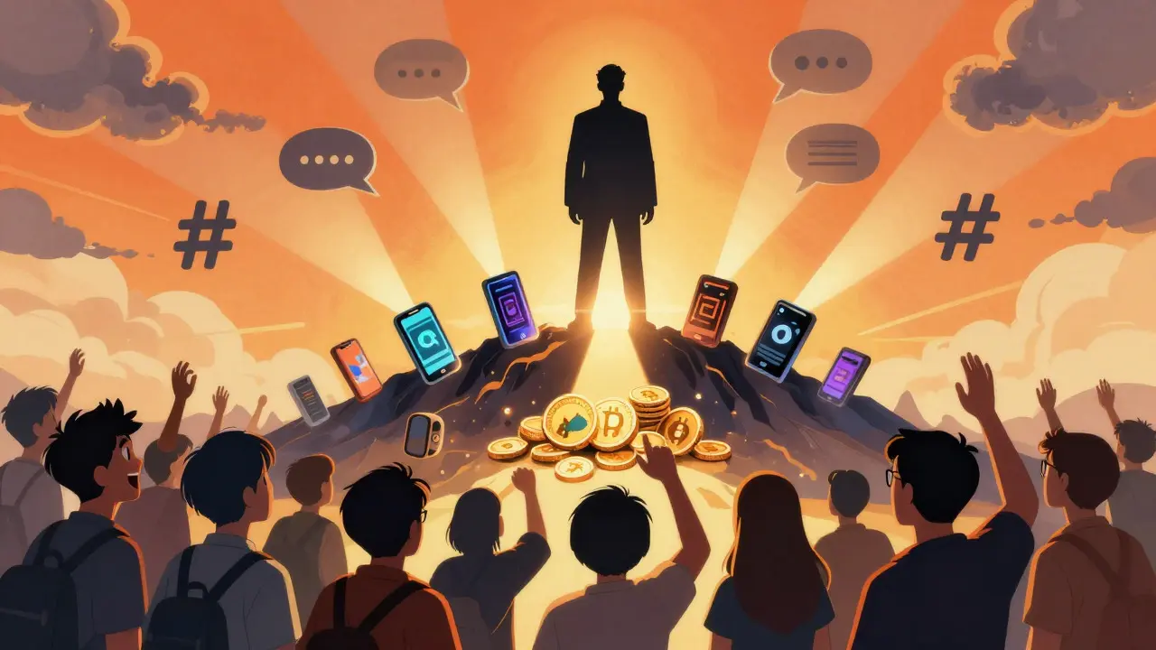 Anime concept art showing a tech influencer casting light over political crypto coins and crowds
