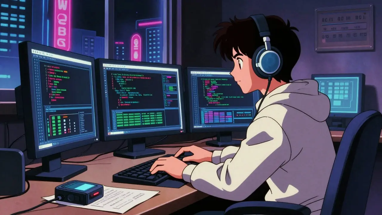 Anime developer working on computer with glowing screens
