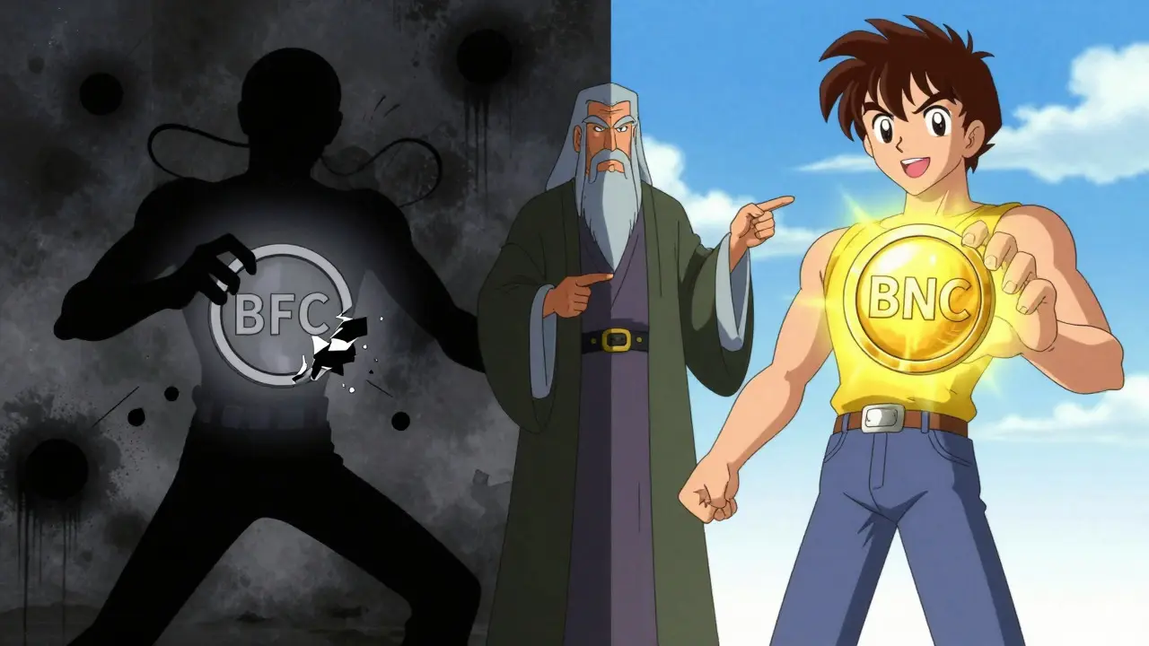 Anime illustration contrasting a crumbling old token with a shining new BNC coin