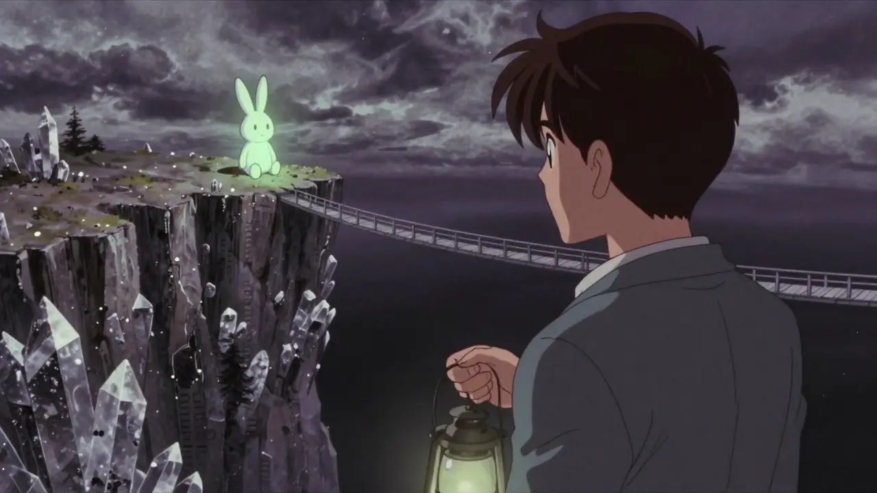 Anime investor looking over a data-crystal cliff edge towards a small island with a glowing bunny statue