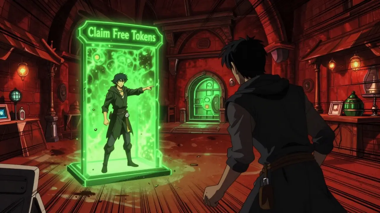 Anime scene warning against fake airdrop scams in fantasy market