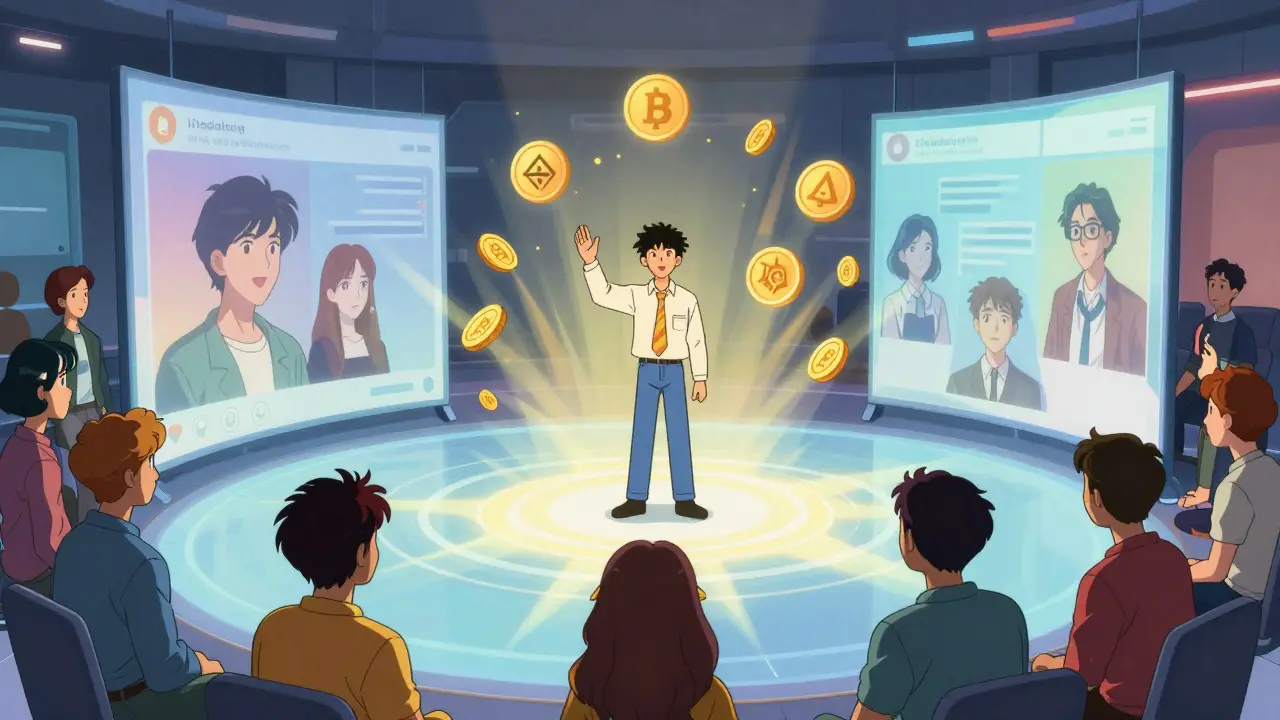 Anime-style scene of characters interacting via glowing social panels in a futuristic community hub