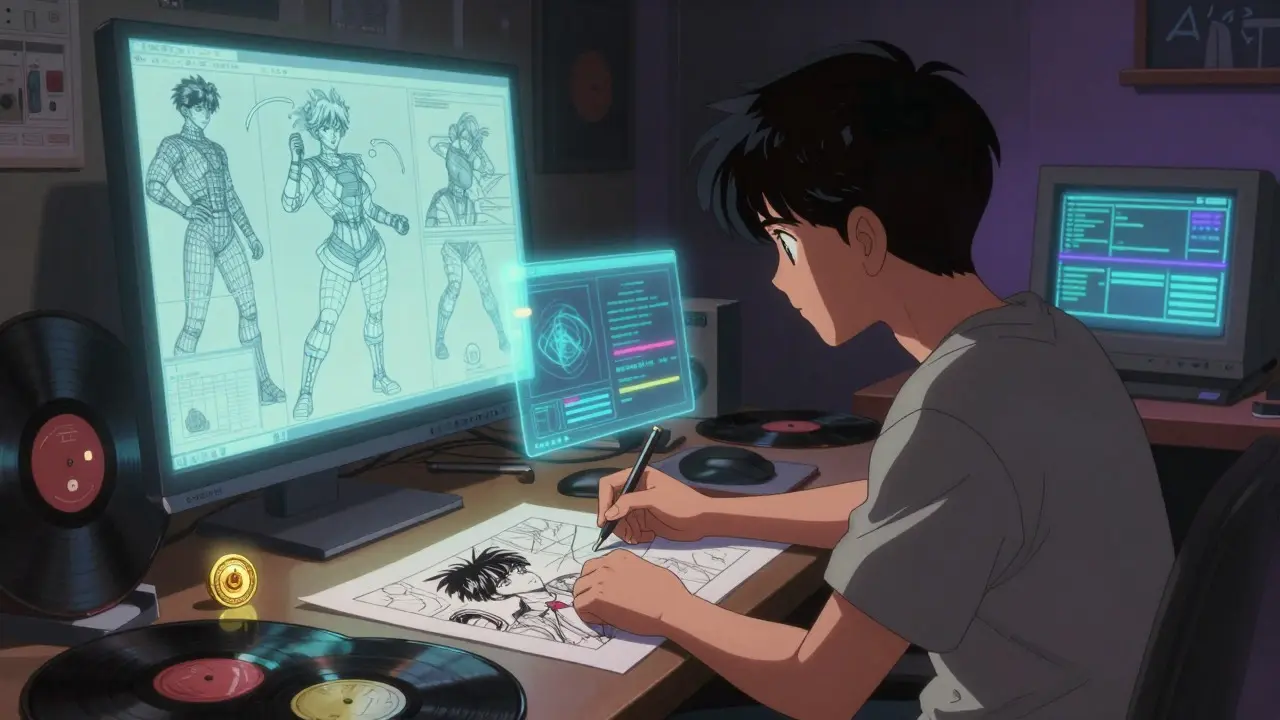 Artist using AI holograms to create new manga characters in a dimly lit retro studio