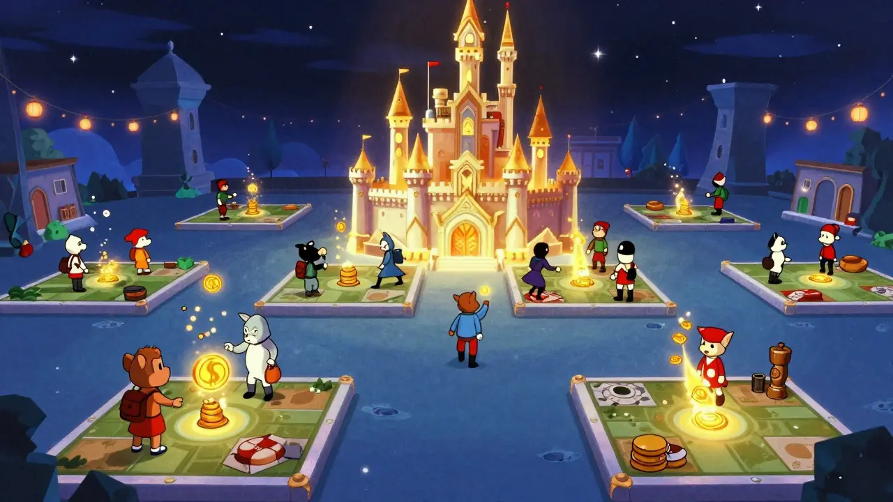 Bustling virtual marketplace with avatars trading tokens near a golden castle