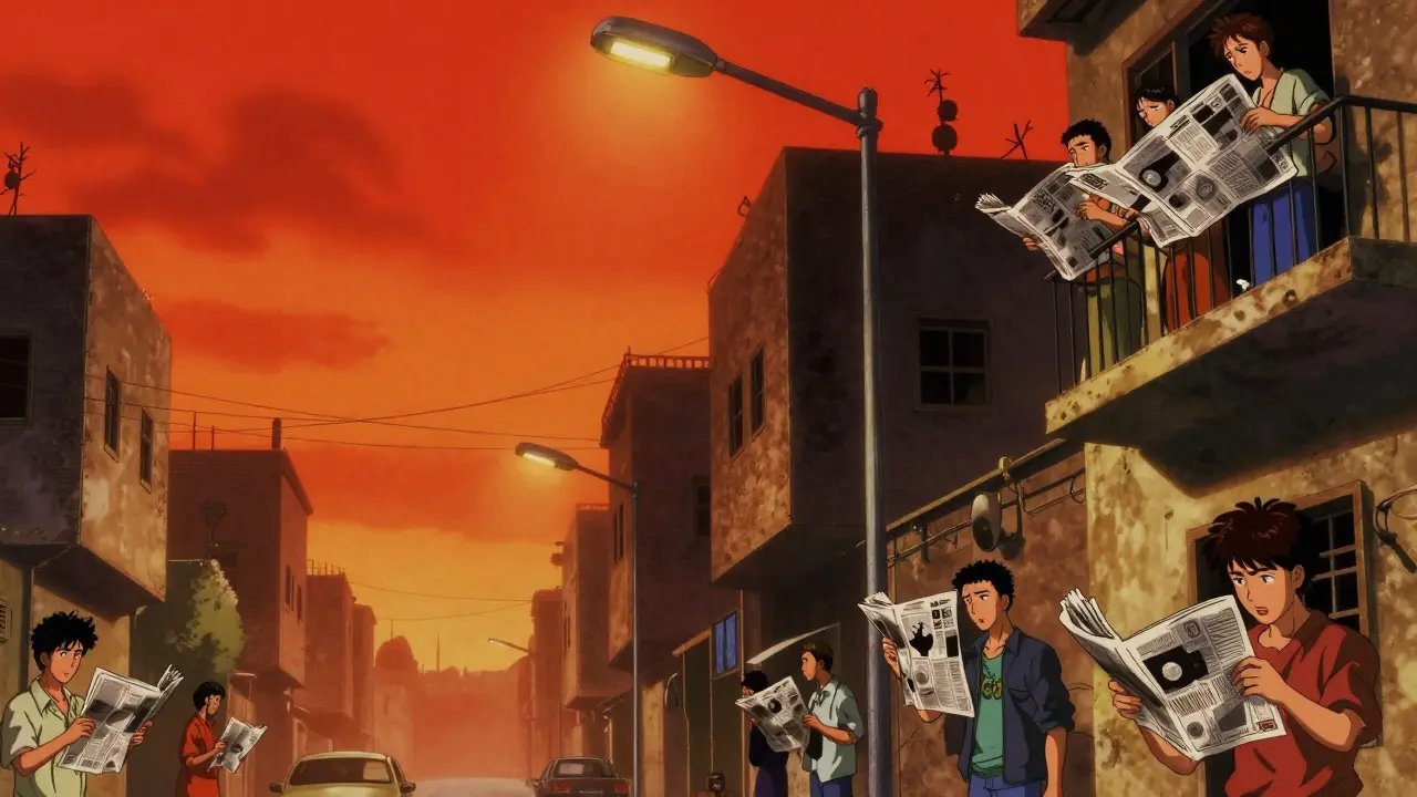 Citizens fanning themselves during a blackout in a hot city, manga art.
